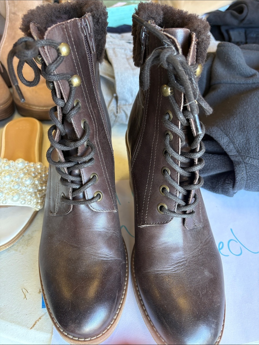 Women's Brown Leather Lace-Up/Zipper Ankle Boots